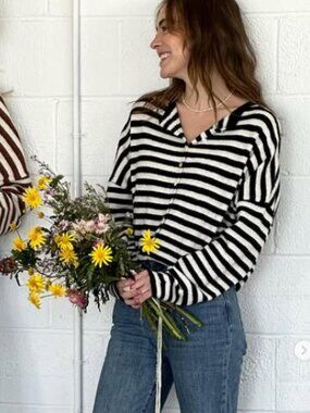 Things Between Piper Black & White Striped Knit Cardigan M
